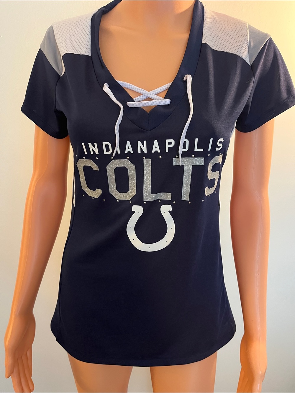 NFL Indianapolis Colts Navy and White Lace-Up V-Neck Tee